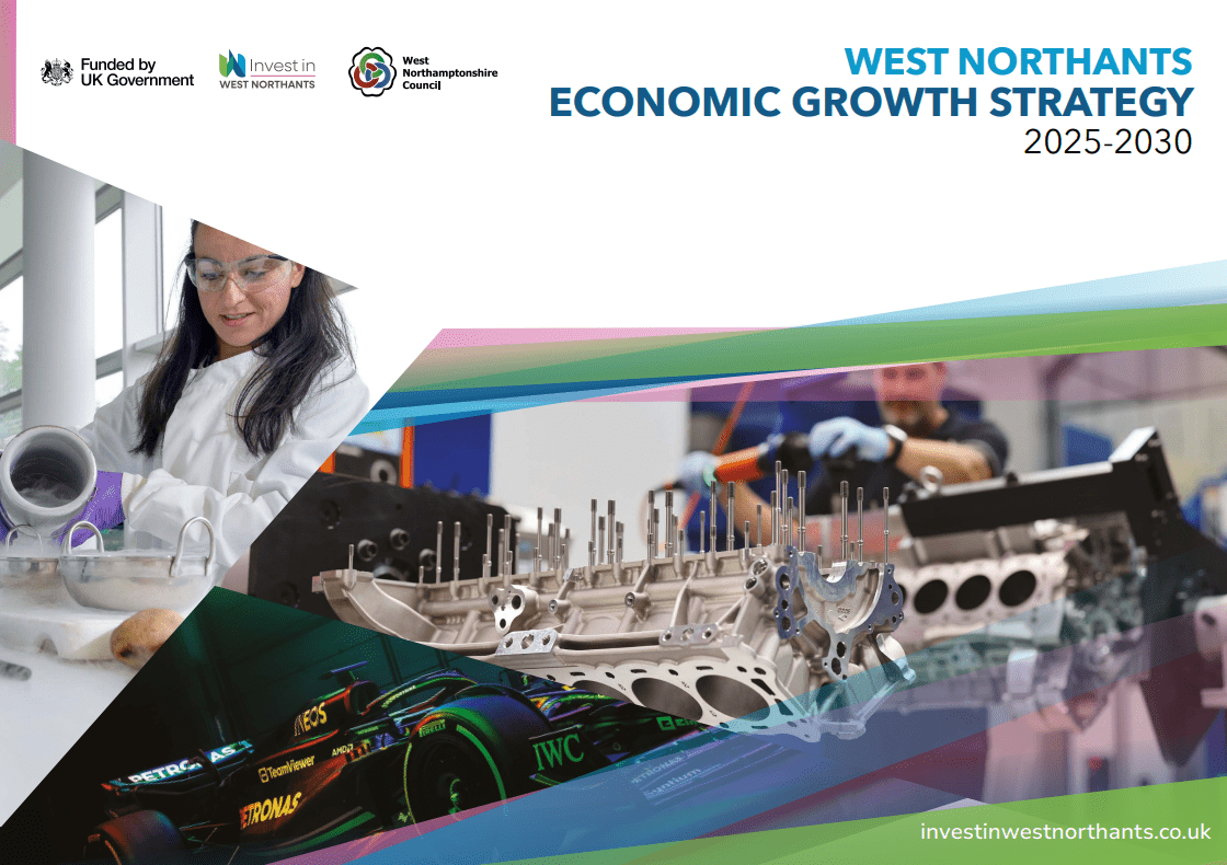 Front Cover of the Economic Growth Strategy document showing images demonstrating the innovative technologies in West Northants and the heading 'West Northants Economic Growth Strategy 2025-2030'