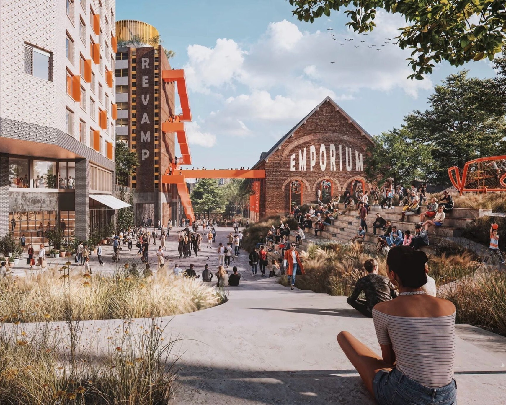 Artist design showing the regenerated of Northampton including new buildings and lots of people.