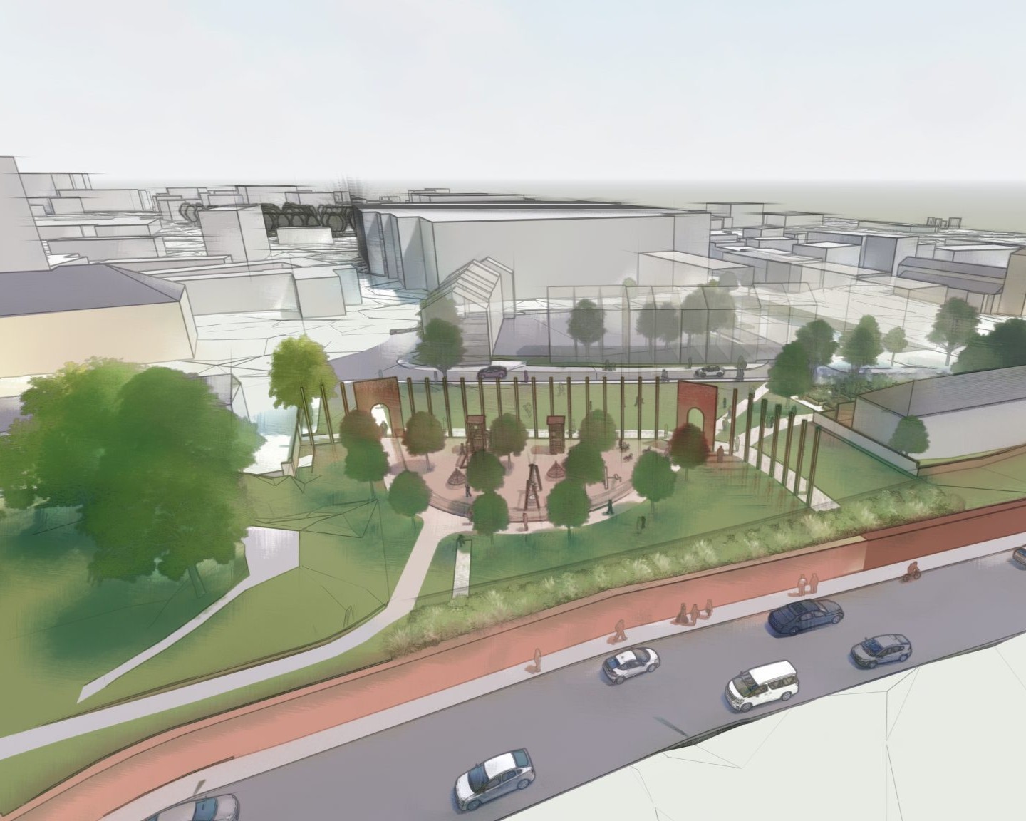 Artist design showing the regenerated of Northampton including new buildings and lots of people.