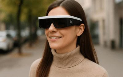 AI Generated image of a woman smiling wearing a pair of site assisting glasses
